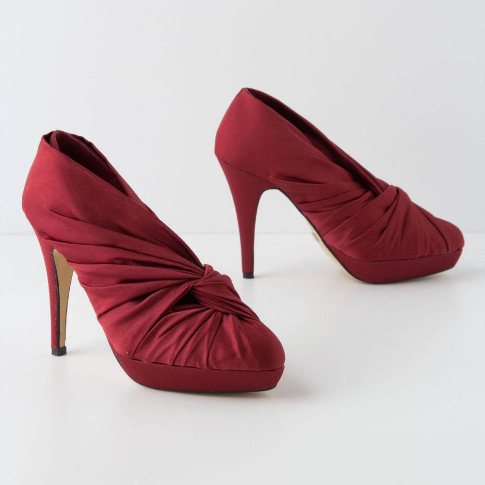Anthropologie Wrapped Satin Shooties Red High Heel Platforms by MENBUR size 38